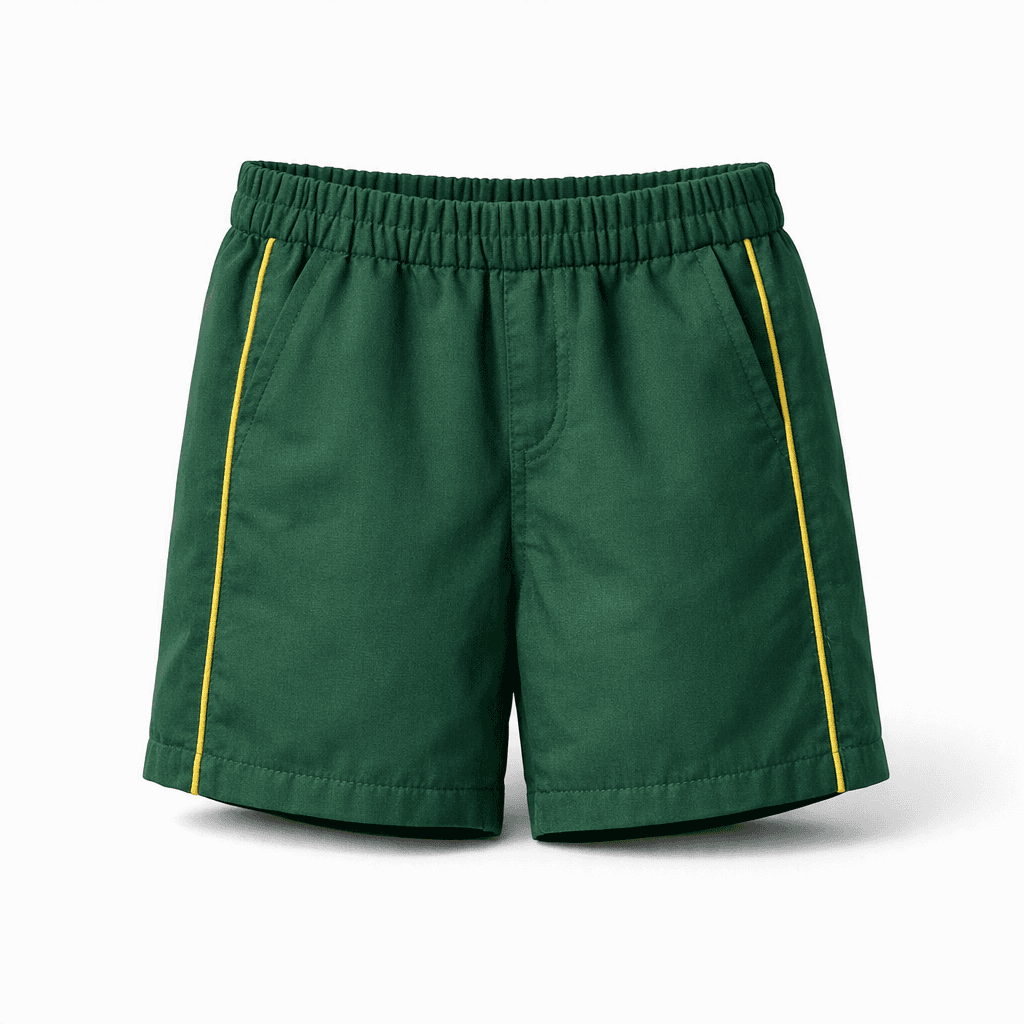 Green Elastic Waist Shorts with Yellow Side Stripes